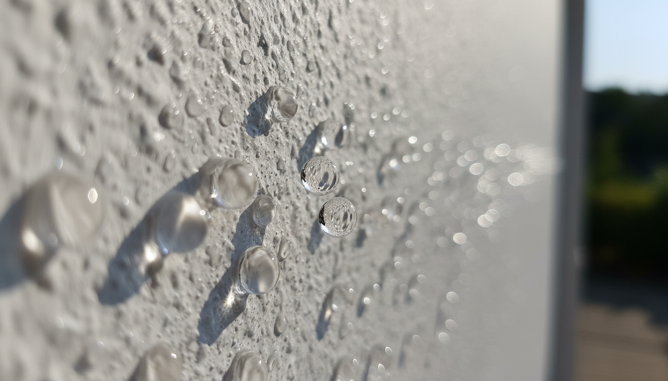 Wasser perlt von einer imprägnierten Fassade ab – Lotus-Effekt im Detail